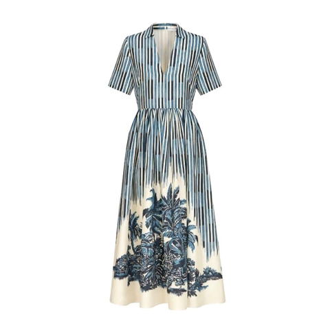 Váy Dior Long Dress Blue and White Silk Canvas with Dior Palms Motif