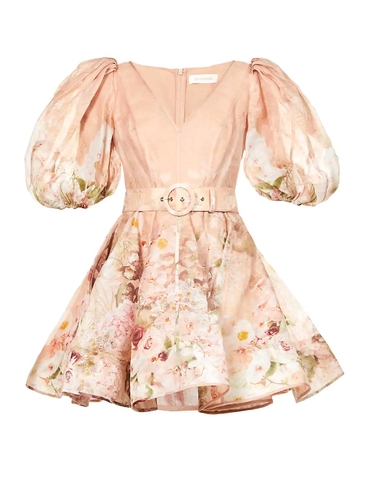 VÁY ZIMMERMANN Dancer puff-sleeved silk and linen-blend mini dress