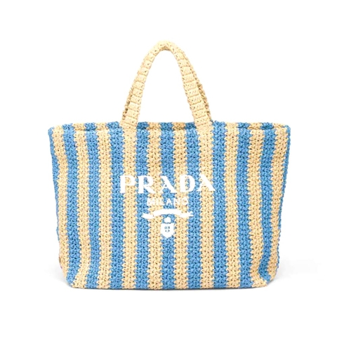 TÚI Prada Women Large Raffia Tote Bag with Embroidered Lettering Logo on the Front-Blue