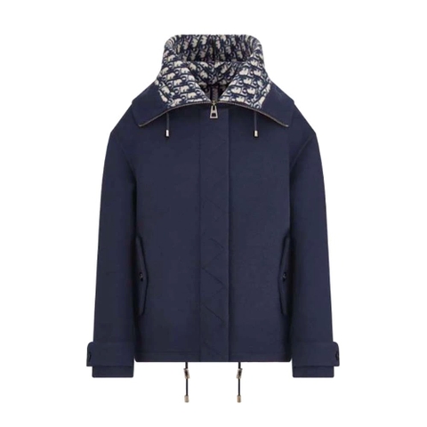 ÁO Dior Women Zipped-Hood Peacoat Navy Blue Double-Sided Wool and Silk with Dior Oblique Interior