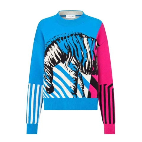 ÁO Dior Women Sweater Bright Blue and Pink D-Jungle Cashmere
