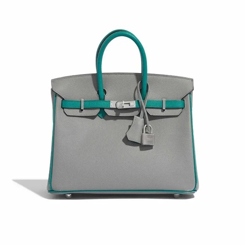 TÚI Hermès Birkin 25 Epsom Gris Mouette Blue Paon Silver Buckle khóa trắng