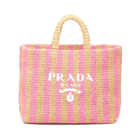 TÚI Prada Women Large Raffia Tote Bag with Embroidered Lettering Logo on the Front-Pink