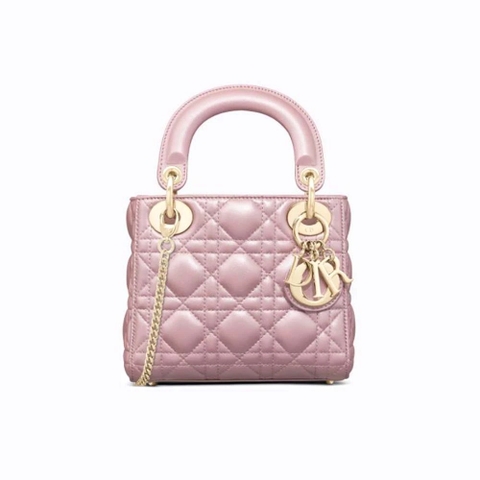 TÚI Dior Women Mini Lady Dior Bag Pearlescent Cannage Lambskin-Pink