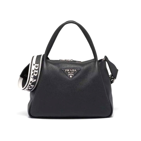 TÚI Prada Women Large Leather Handbag with the Prada Metal Lettering Logo Gleaming at Its Center-Black