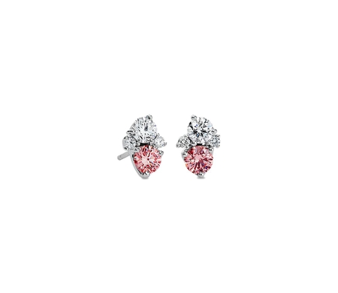 Bông tai vàng trắng 18K Au750 Pink & White Diamond Round Cluster Earrings