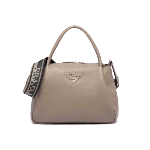 TÚI Prada Women Large Leather Handbag with the Prada Metal Lettering Logo Gleaming at Its Center-Brown