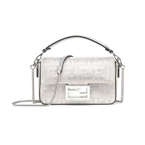 TÚI FENDI Women Baguette Mini Silver Leather Bag with Crystal FF Motif