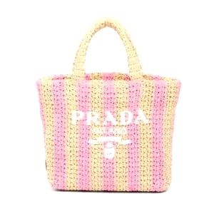 TÚI Prada Women Small Raffia Tote Bag with Embroidered Lettering Logo on the Front-Pink