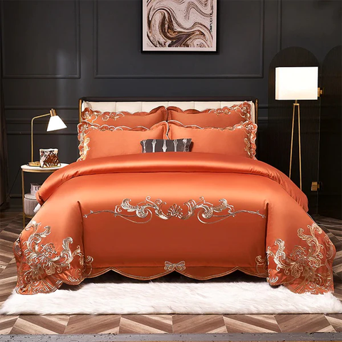 BỘ CHĂN GA GỐI Miriam Orange Embroidered Cotton Duvet Cover Set