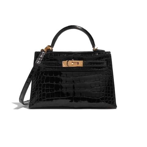 TÚI Hermès Kelly Mini Alligator Black Gold Buckle khóa vàng