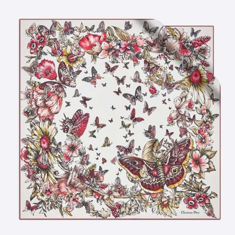 KHĂN Dior Women Square Scarf Ivory Silk Twill with Multicolor Butterfly Motif