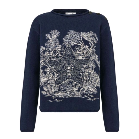 ÁO Dior Women Embroidered Sweater Navy Blue Cashmere Knit