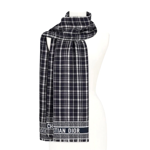 KHĂN Dior Women Checkndior Pop Stole Navy Blue Cashmere Silk and Cotton