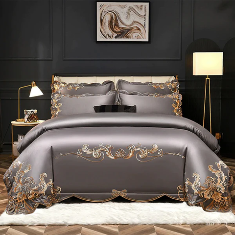 BỘ CHĂN GA GỐI Miriam Grey Embroidered Cotton Duvet Cover Set