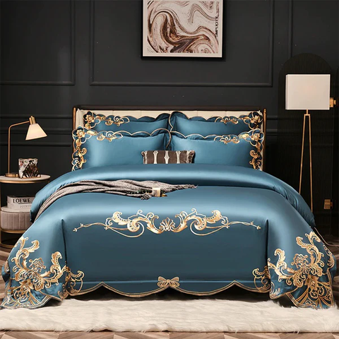 BỘ CHĂN GA GỐI Miriam Blue Embroidered Cotton Duvet Cover Set
