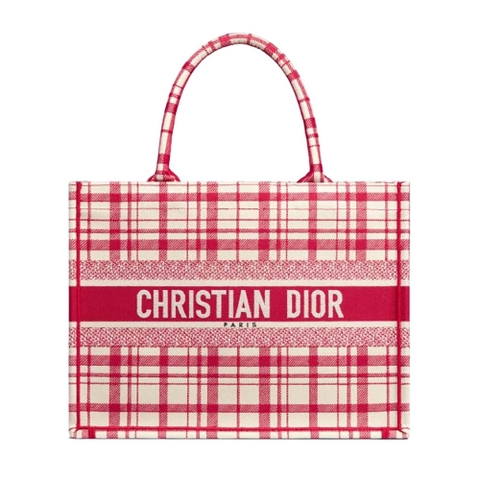 TÚI Dior Women Small Dior Book Tote Raspberry Check’n’Dior Embroidery