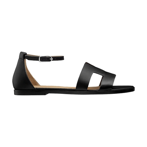 GIÀY Hermes Women Santorini Sandal in Calfskin Leather-Black SS2022