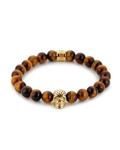 Northskull Metallic Yellow Tiger Eye & Perforated Gold Skull Charm Bracelet