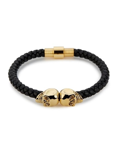 Northskull Metallic Black Nappa Leather Gold Twin Skull Bracelet