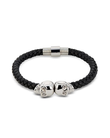 Northskull Black Nappa Leather Silver Twin Skull Bracelet