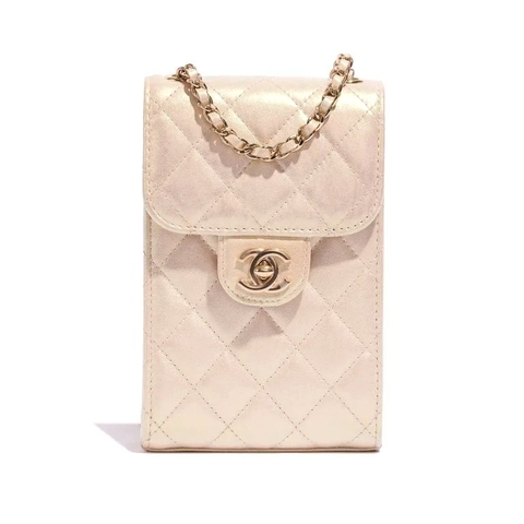TÚI Chanel Phone Holder Lamb Metallic Pearl White