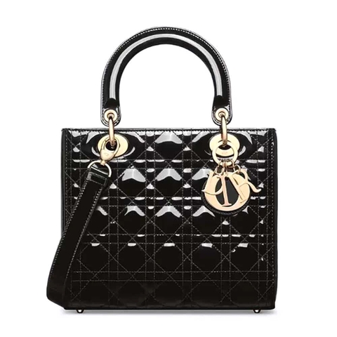 TÚI Dior nữ cỡ trung Lady màu đen da bê Cannage sáng bóng