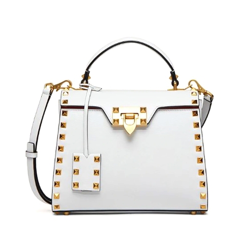 TÚI Valentino Rockstud Alcove Grainy Calfskin Handbag-White