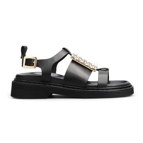 DÉP SANDAL Roger Vivier Viv’ Rangers Strass Buckle Sandals in Leather-Black