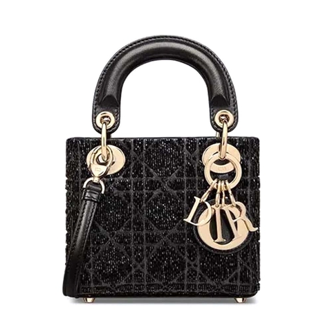 TÚI Dior Women Micro Lady Dior màu xám ánh kim Cannage da cừu thêu hạt