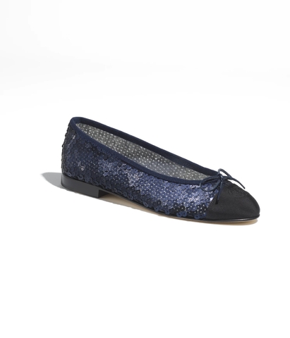 GIÀY CHANEL BALLERINA LOGO Vải Muslin đính sequin Xanh navy & Đen