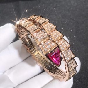 Vòng tay BVLGARI Serpenti Viper Full Pavé Piamonds và Rubellite vàng hồng 18K