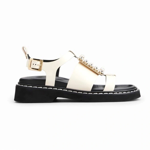 DÉP SANDAL Roger Vivier Viv’ Rangers Strass Buckle Sandals in Leather-White