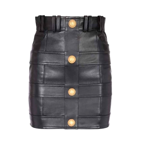 Chân váy Balmain Women High-Waisted Leather Skirt in Lambskin-Black da cừu