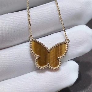 Vòng cổ Van Cleef & Arpels Lucky Alhambra mặt dây chuyền bướm mắt hổ vàng vàng 18K