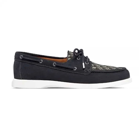GIÀY DIOR Men Granville Boat Shoe Navy Blue Suede with Beige and Black Dior Oblique Jacquard TOP QUALITY SHOES AAA