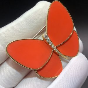Trâm cài Van Cleef & Arpels Orange Coral Diamond Butterfly Clip vàng hồng 18K
