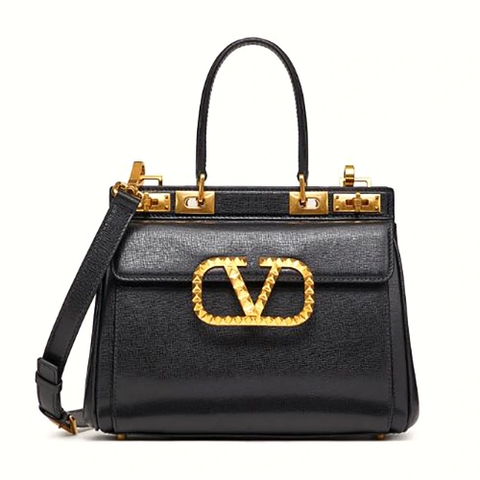 TÚI Valentino Rockstud Alcove Handbag in Grainy Calfskin-Black