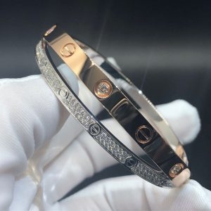 Vòng tay Cartier Pink & White Gold Pave Diamonds Double Love Bangle 18K