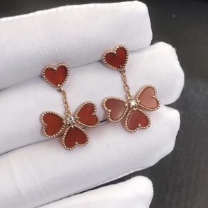 Bông tai Van Cleef & Arpels Sweet Alhambra Effeuillage kim cương Carnelian vàng hồng 18K