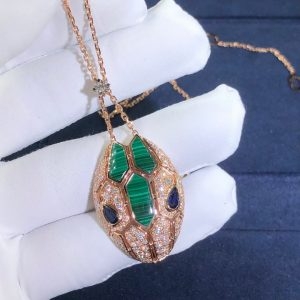 Vòng cổ BVLGARI Serpenti đá Sapphire Malachite & kim cương Pave vàng hồng18K