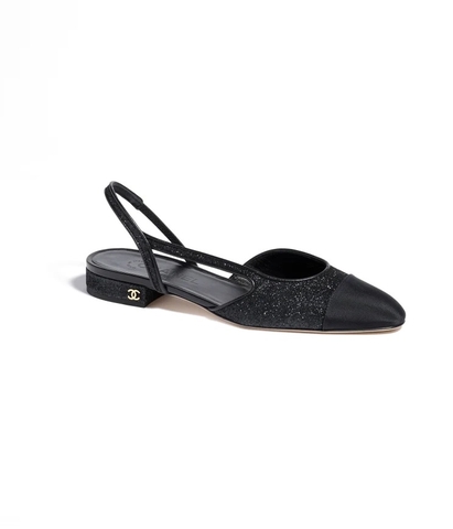 GIÀY SANDAL CHANEL SLINGBACK Hạt đá & Vải Grosgrain Bạc & Đen 20MM