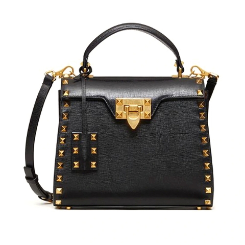 TÚI Valentino Rockstud Alcove Grainy Calfskin Handbag-Black