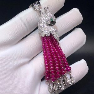 Vòng cổ Cartier Les Oiseaux Libérés con vẹt Ruby kim cương vàng trắng 18K