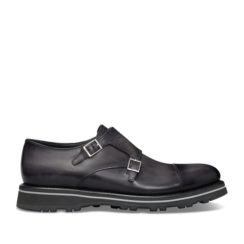 GIÀY BERLUTI Alessio Padova Scritto Leather Double Monk Shoe Nero Grigio