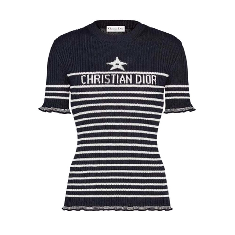 ÁO DIOR Short-Sleeved Sweater Navy Blue and White Cotton Ribbed Knit