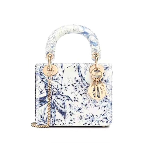 TÚI Christian Dior Dior Bag White Calfskin with Blue-Tone Printed and Bead-Embroidered Dior Jardin D’Hiver Motif
