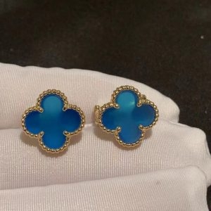 Bông tai Van Cleef & Arpels Vintage Alhambra Blue Agate vàng hồng 18K