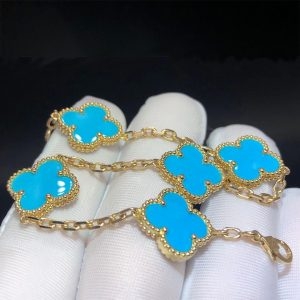 Vòng cổ Van Cleef & Arpels Vintage Alhambra Turquoise 5 Motif vàng vàng 18K