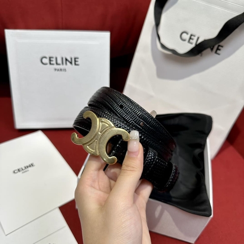 DÂY LƯNG CELINE TRIOMPHE Black Lizardskin and Gold Buckle da thằn lằn